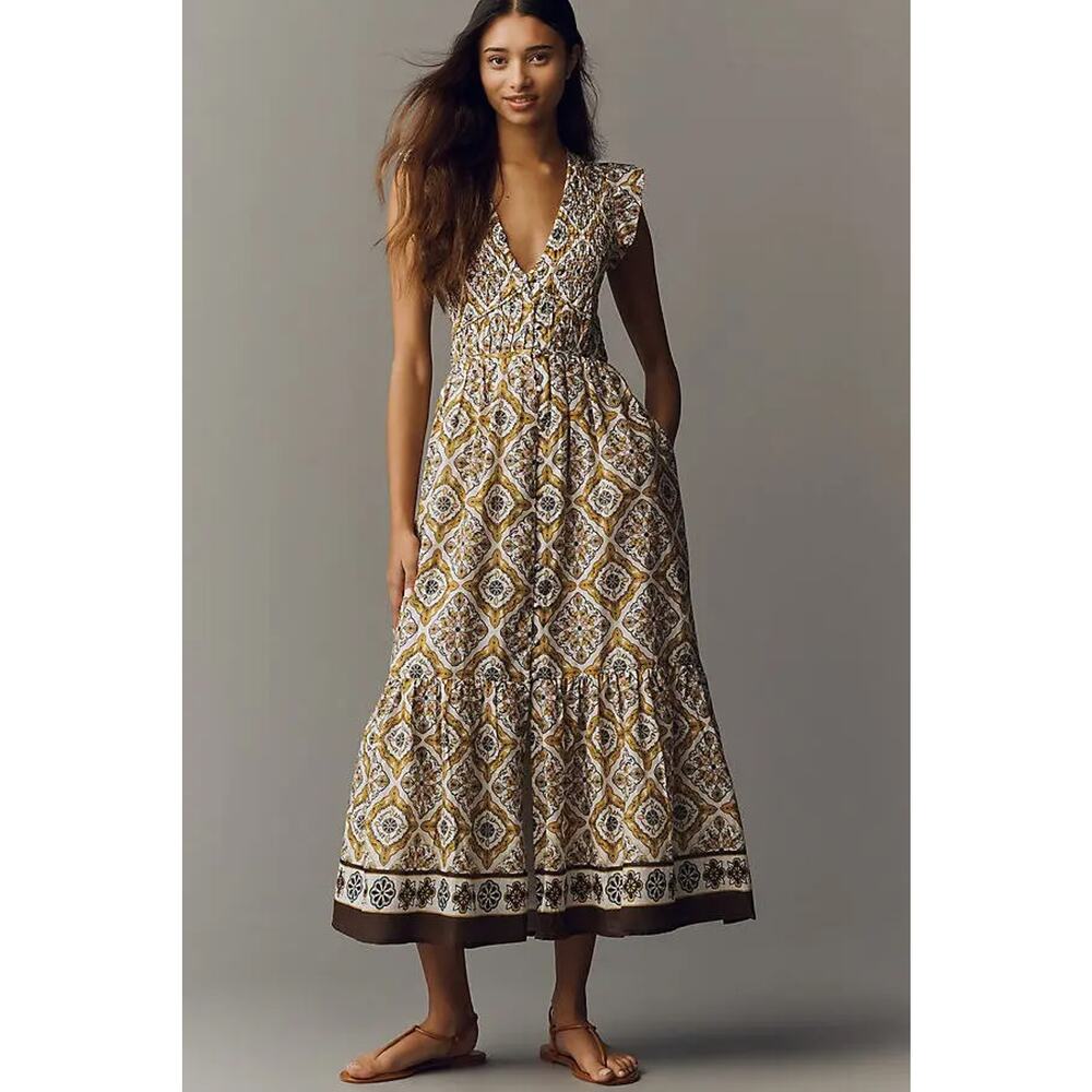 nwt by ANTHROPOLOGIE sz L The Peregrine Midi Dress in Chartreuse Motif